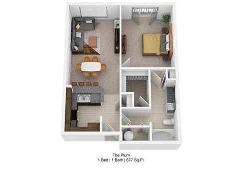 Floor plan for 1 bed, 1 bath, 677 sqft